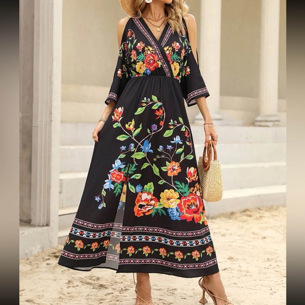 Boho floral print cold shoulder slit thigh maxi dress - Picture 6 of 6